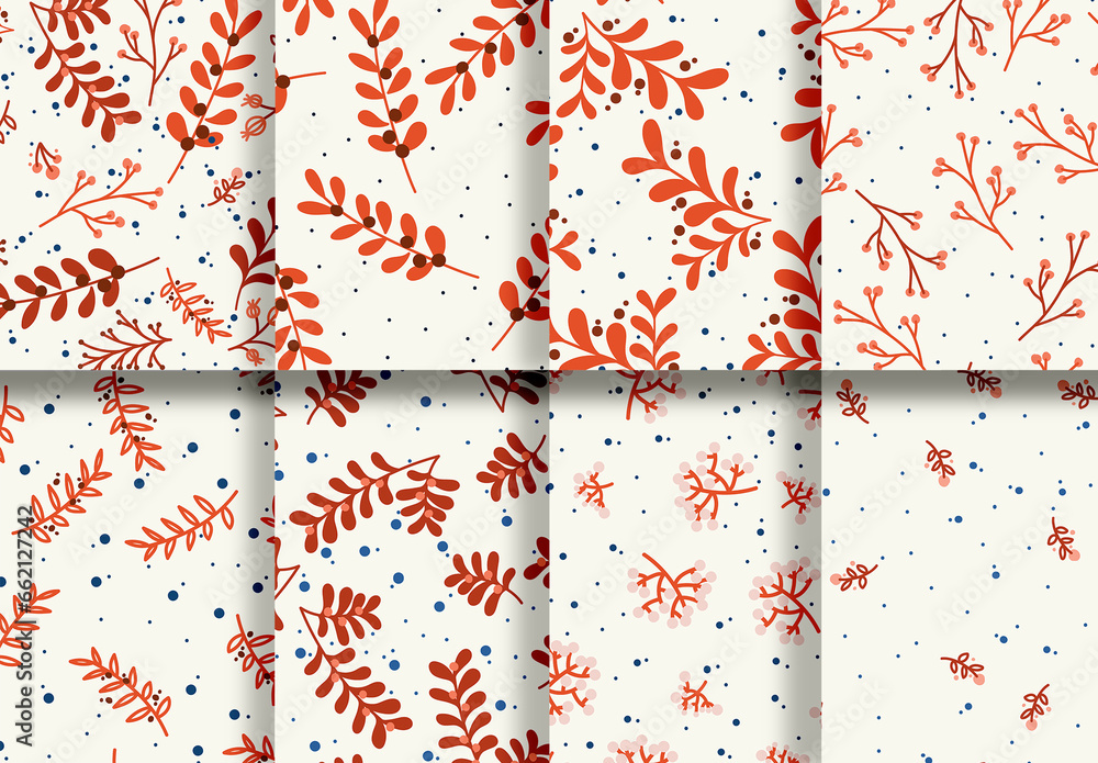 Mockup of 8 customizable repeatable patterns, red foliage motifs Stock ...