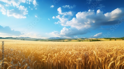 Beautiful landscape with field of wheat and blue summer sky