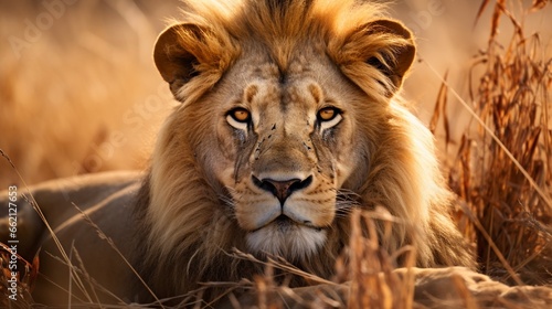 Beautiful Lion Caesar in the golden grass 