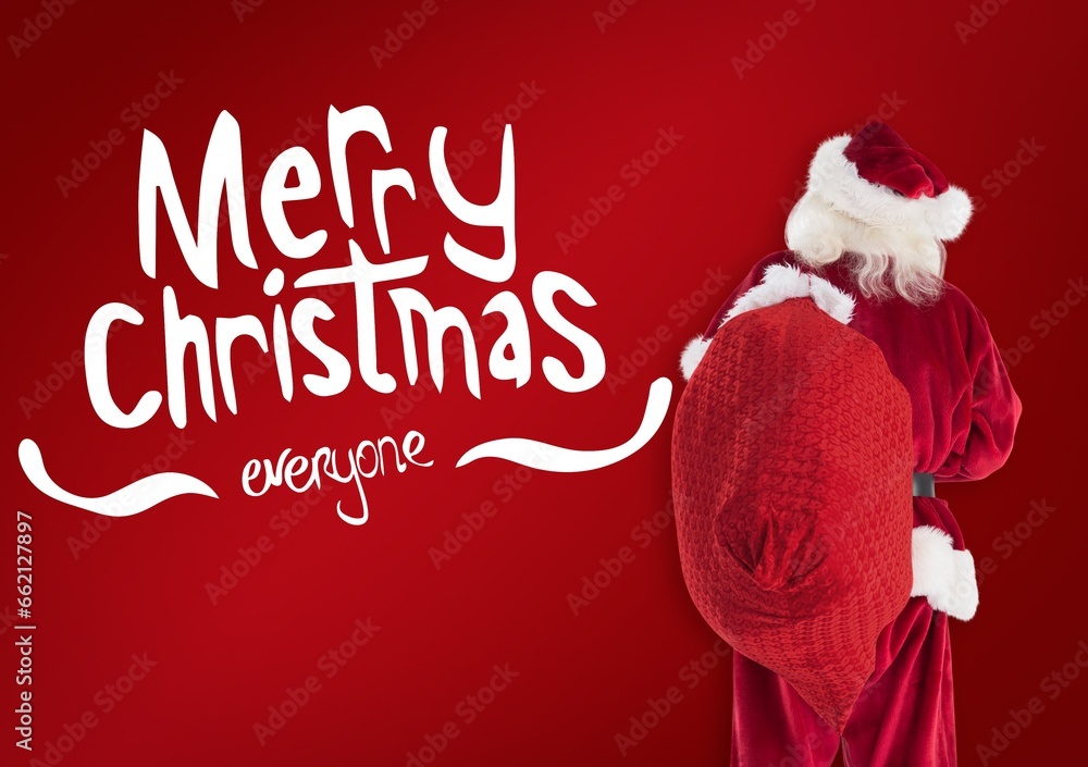 Composite of merry christmas everyone text and santa claus with red sack - obrazy, fototapety, plakaty 