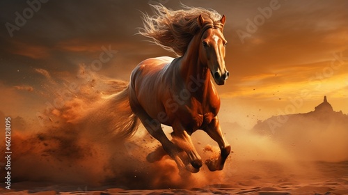 beautiful powerfull arabic horse running in desart