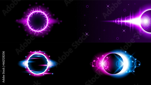 Set Sun Eclipse Solar Collection Color Fire Dark Background Vector Moon Design Style Space Science Glow Light