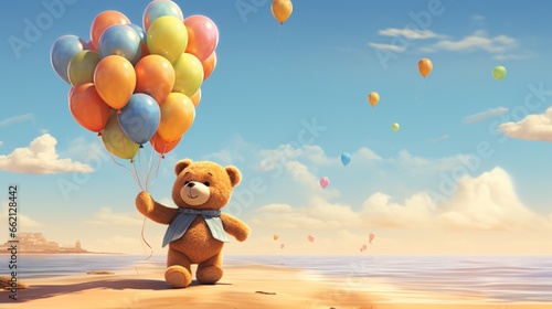 a teddy bear with balloons on beach generated by AI tool 