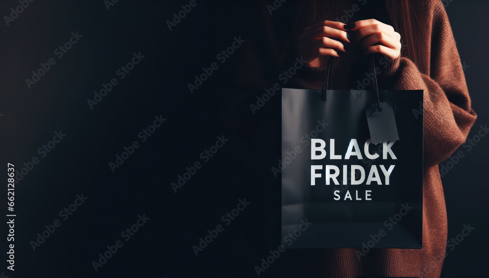 Woman holding black friday sale shopping bag in dim light - obrazy, fototapety, plakaty 
