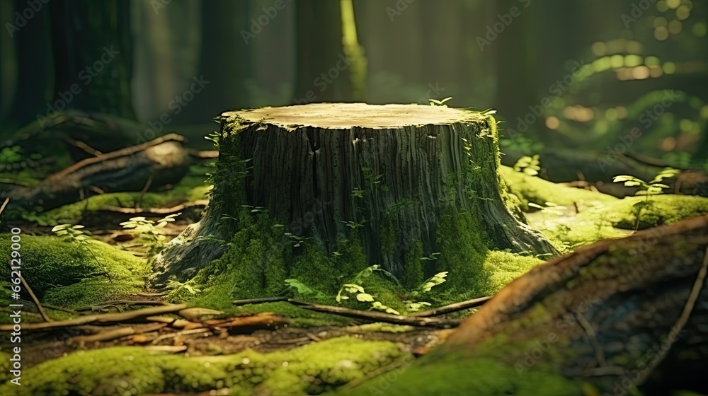 Old tree stump covered with moss in the coniferous forest. Old tree stump covered with moss in the coniferous forest.