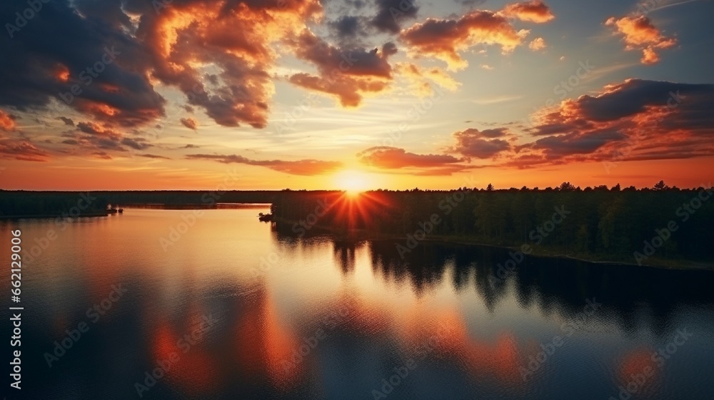 Beautiful Sunrise Sunset over Calm Lake Aerial view of lake