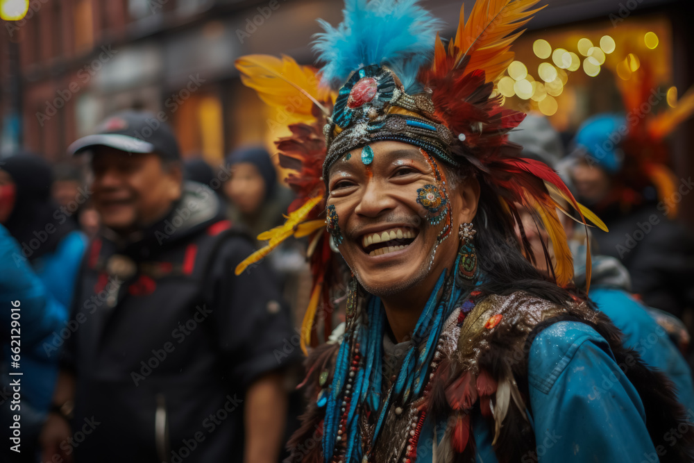 Traditionally dressed locals enjoying lively street carnival on New Years Eve 