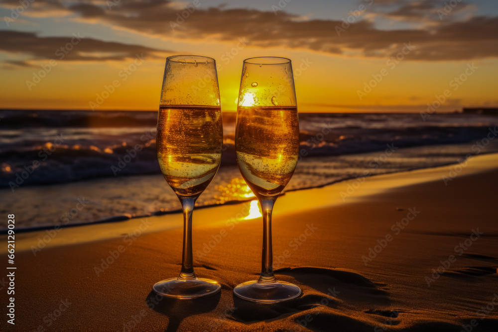 Stunning sunset backdrop of New Years eve toast on the beach 