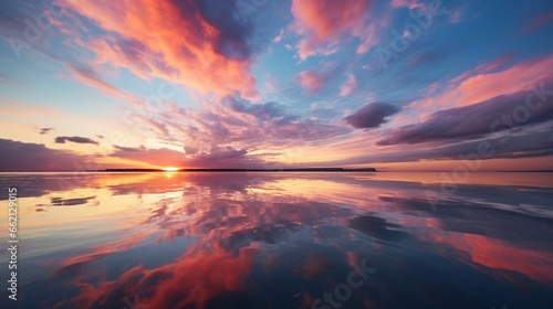 Beautiful sunset over sea with reflection in water, majestic clouds in the sky