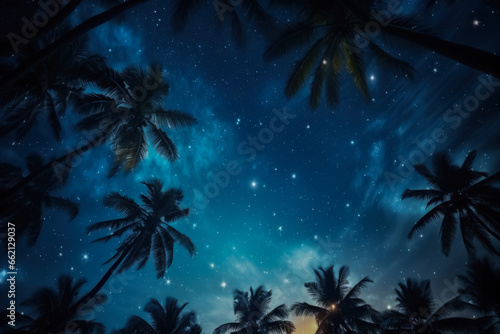 Starry night sky on New Years Eve in a tropical location background with empty space for text 