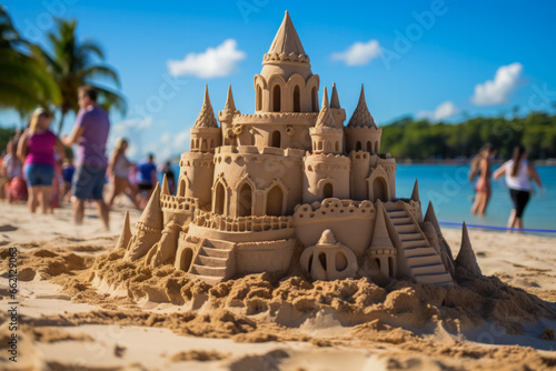 Sandcastle contests under fireworks special New Years Eve on tropical beaches 