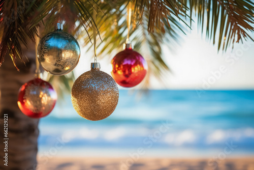 Christmas ornaments gleaming on palm trees along a serene tropical beach 