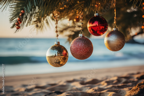 Christmas ornaments gleaming on palm trees along a serene tropical beach 