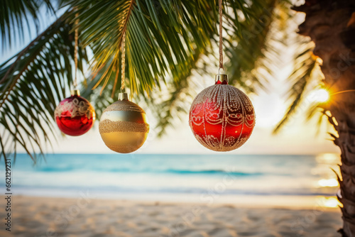 Christmas ornaments gleaming on palm trees along a serene tropical beach 