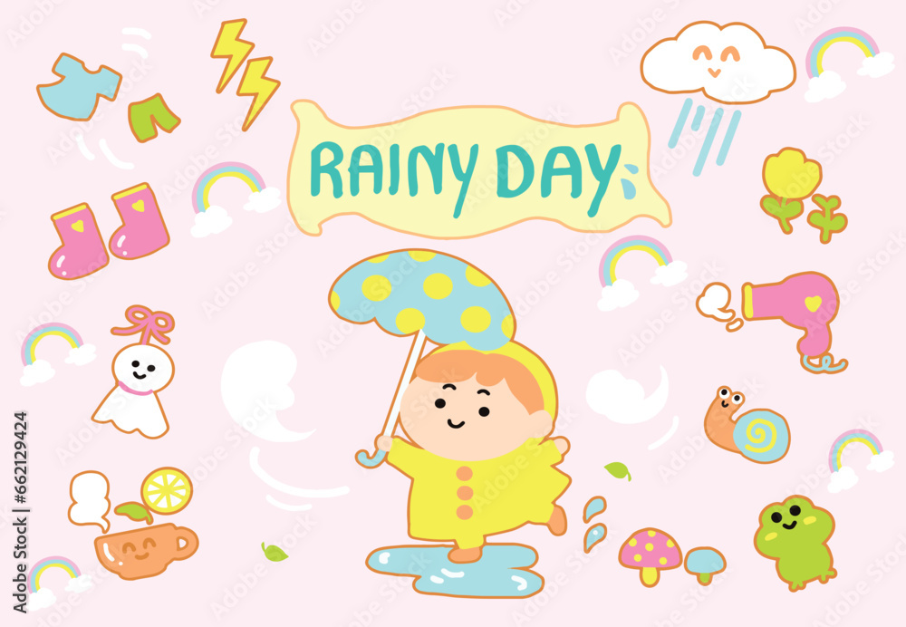 Happy boy on raining day with icon set cartoon style. Happy boy on raining day with icon set cartoon style.