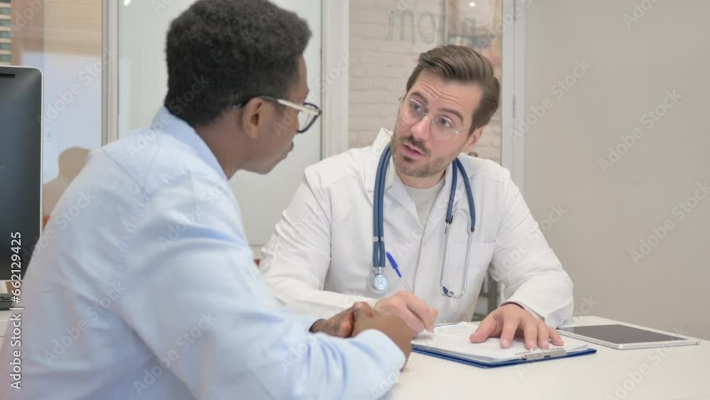 Man with Headache Consulting a Male Doctor Man with Headache Consulting a Male Doctor