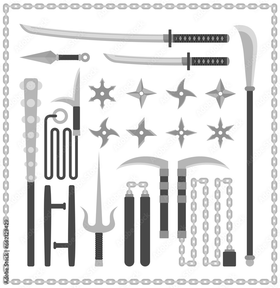vector collection set of various traditional japanese weapons. martial