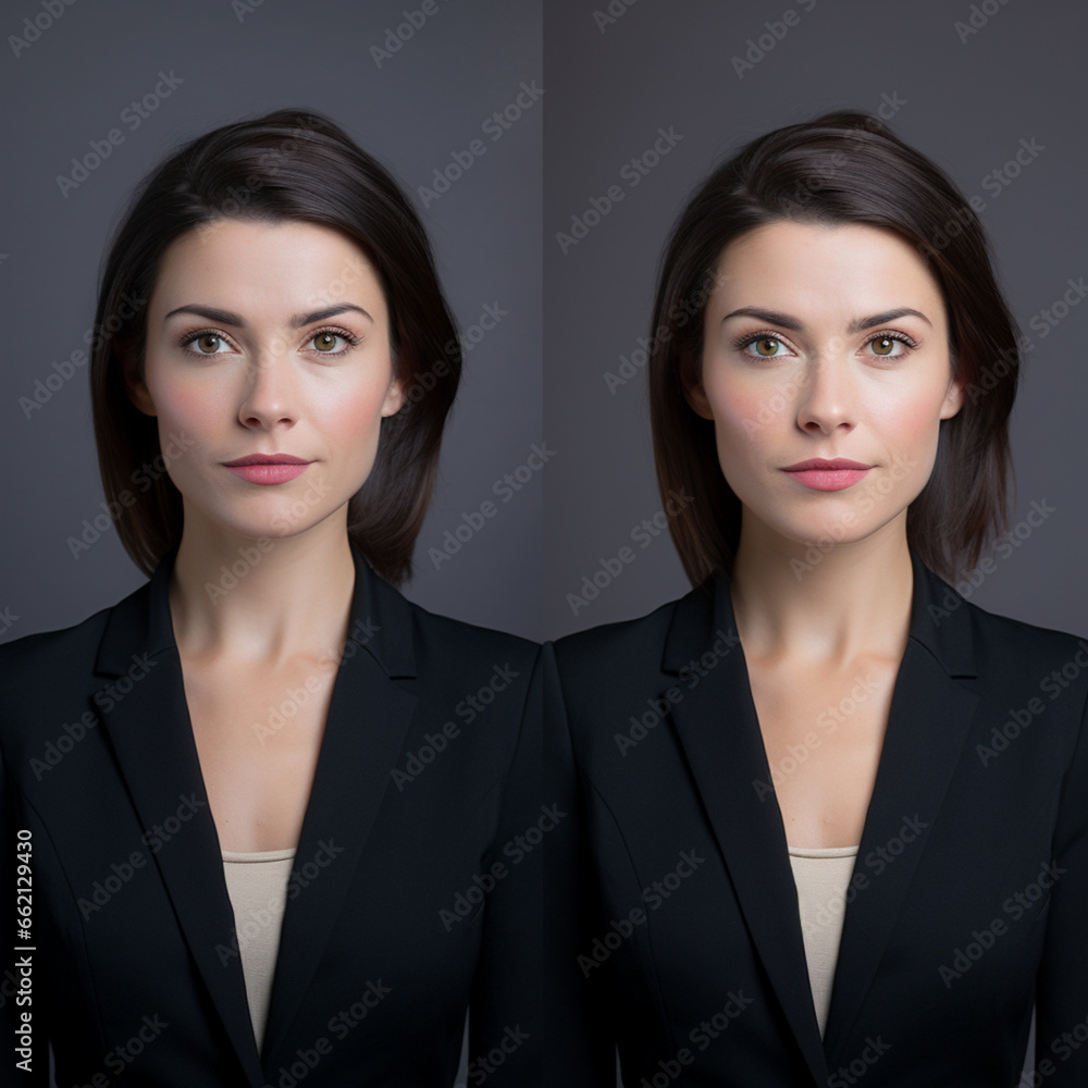 tow photos of the face of the same business woman, taken from the front and from different angles tow photos of the face of the same business woman, taken from the front and from different angles
