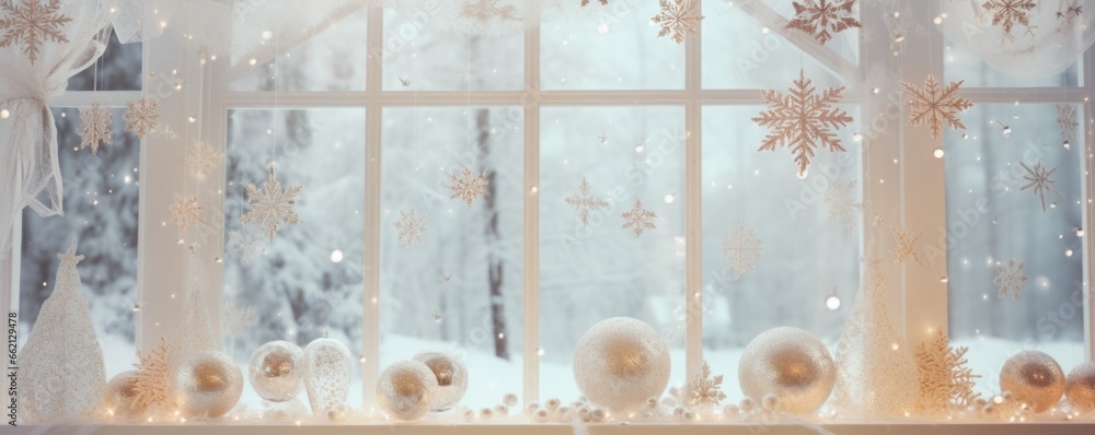 Xmas window decoration with snow outdoors. Celebrate festive concept.
