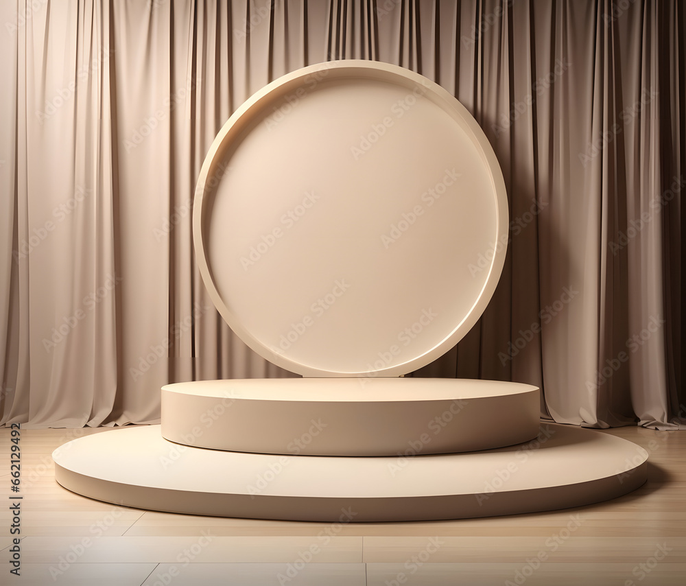 Geometry shaped podium for mock up fashion presentation, Minimalistic elegant stage for show your products, 3d, on a curtain background, beige, elegant. Geometry shaped podium for mock up fashion presentation, Minimalistic elegant stage for show your products, 3d, on a curtain background, beige, elegant.