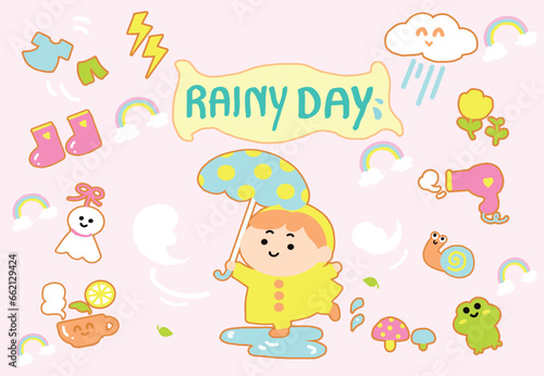 Happy boy on raining day with icon set cartoon style.