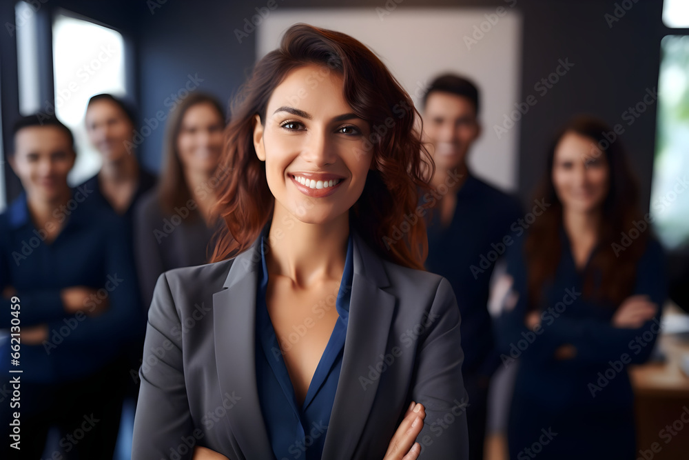 Leading with Confidence A Smiling, Attractive Professional Woman Strikes a Pose in Her Business Office, Surrounded by Her Coworkers and Employees in the Background Leading with Confidence A Smiling, Attractive Professional Woman Strikes a Pose in Her Business Office, Surrounded by Her Coworkers and Employees in the Background