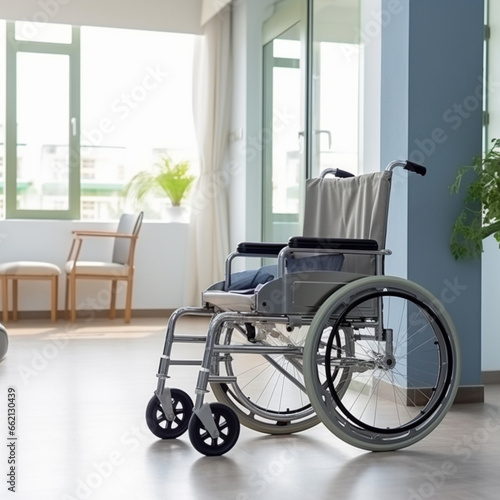 Wheelchair in a hospital ward  no person
