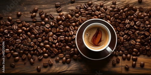 A Cup of Coffee with Coffee Beans Scattered on a Wooden Table