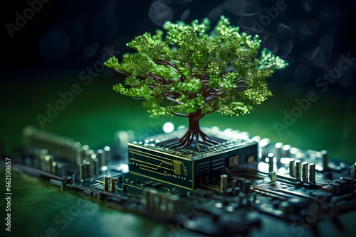 A Tree Sprouting from the Converging Point of a Computer Circuit Board. Symbolizing Green Computing, Green Technology, CSR, IT Ethics, and the Concept of Environmentally Sustainable Technology