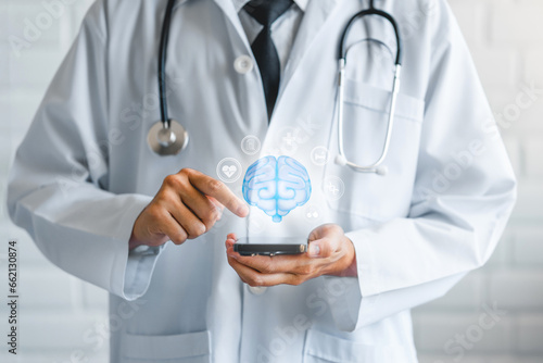 Wallpaper Mural Future of Healthcare. Medical technology, Futuristic Ai icon medical AI technology Doctor holding virtual human brain and plus signs mental health idea creative intelligence thinking Torontodigital.ca