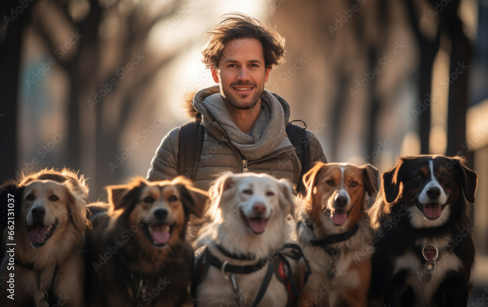 man with dog ,dog walker with group of puppy cute dogs enjoying in walk in the city, ,artwork graphic design illustration. - obrazy, fototapety, plakaty 