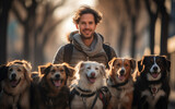 man with dog ,dog walker with group of puppy cute dogs enjoying in walk in the city, ,artwork graphic design illustration.