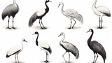 Birds from wild set Realistic isolated figure of Peacock, Toucan, Flamingos, Pheasant, Crane, Japanese crane, Crowned crane, Black Swan Black and white hand drawing Vector illustration Vintage
