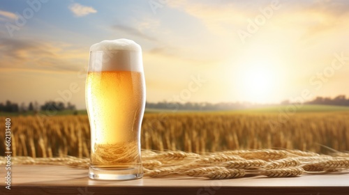 Realistic photo of a glass almost full of craft beer with foam flowing over the white glass. Spherical, curved, slender, golden-bronze color.