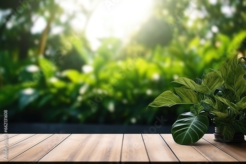 mockup empty wooden table garden with greenery background