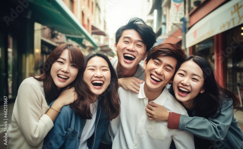 smiling group of asian friends being hugged in a city stock photo, in the style of depictions of urban life, consumer culture photo