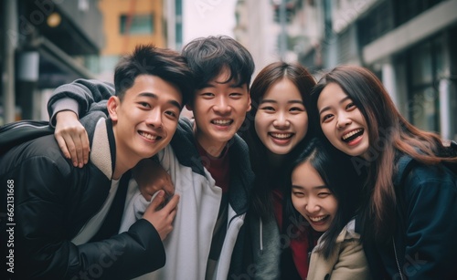 smiling group of asian friends being hugged in a city stock photo, in the style of depictions of urban life, consumer culture