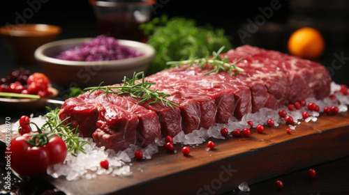 Fresh raw beef steak on cutting board with herbs and spices on dark background.