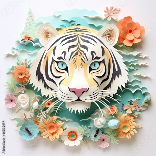 3d illustration of a tiger  surrounded by  leaves and flowers. Papercut