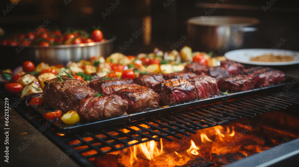 Grilling beef steaks and vegetables on barbecue grill in restaurant.