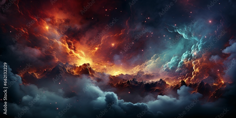 Colorful Space Background with Nebula, Galaxies, and Planets. Starry Cosmos Background