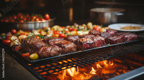 Grilling beef steaks and vegetables on barbecue grill in restaurant.