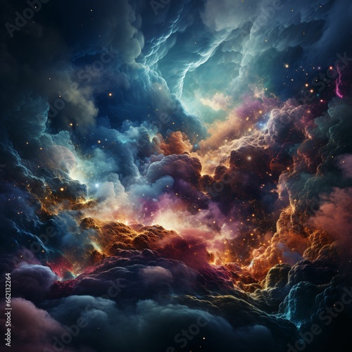 Colorful Space Background with Nebula, Galaxies, and Planets. Starry Cosmos Background © Resdika