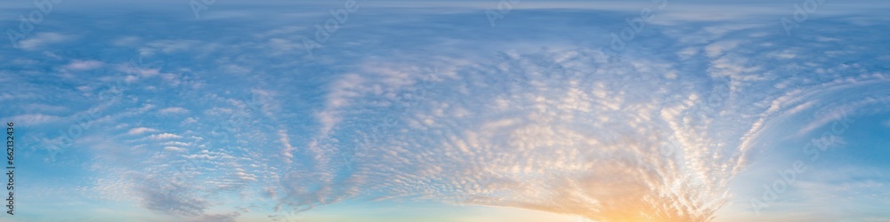 Sunset sky panorama with dramatic bright glowing pink Cirrus clouds. HDR 360 seamless spherical panorama. Full zenith or sky dome for 3D visualization, sky replacement for aerial drone panoramas.