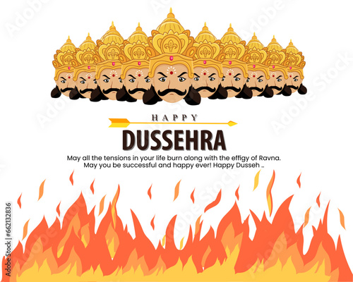 Lord Ram with bow arrow killing Ravan in Dussehra happy Vijayadashami and Navratri festival of India poster.