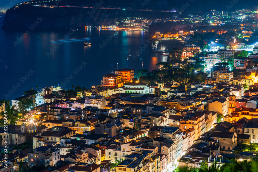 Panoramic view of Sorrento and the Bay of Naples in Italy at night