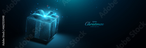 Blue gift box on dark background. New Year and Birthday Banner. Low polygon, lines, Starry, and style design. Illustration vector