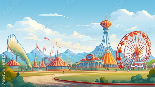 Cartoon amusement park with circus, carousels and roller coaster vector illustration Circus park and carousel cartoon fun, amusement and carnival