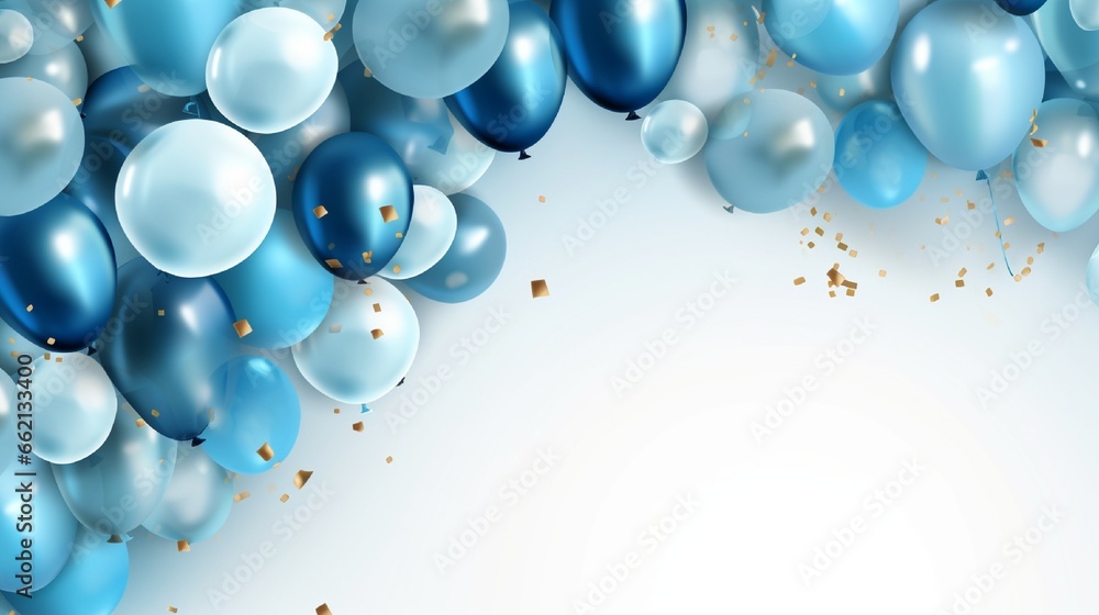 Fototapeta premium Assorted blue balloons frame a light background providing ideal copy space for announcements.