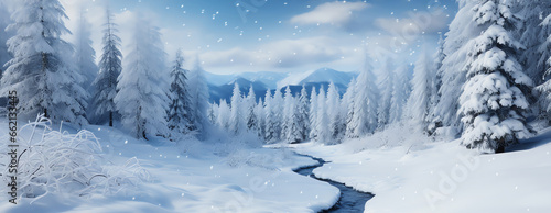 winter snowing mountain landscape with stream, AI generated